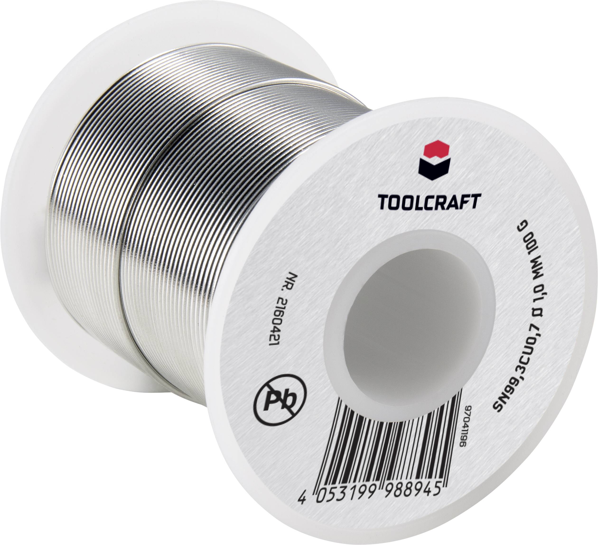 Een soldeertin-rol van het merk Toolcraft, diameter 1,0 mm, op een kunststof spoel. Geschikt voor soldeerwerk in de elektronica.