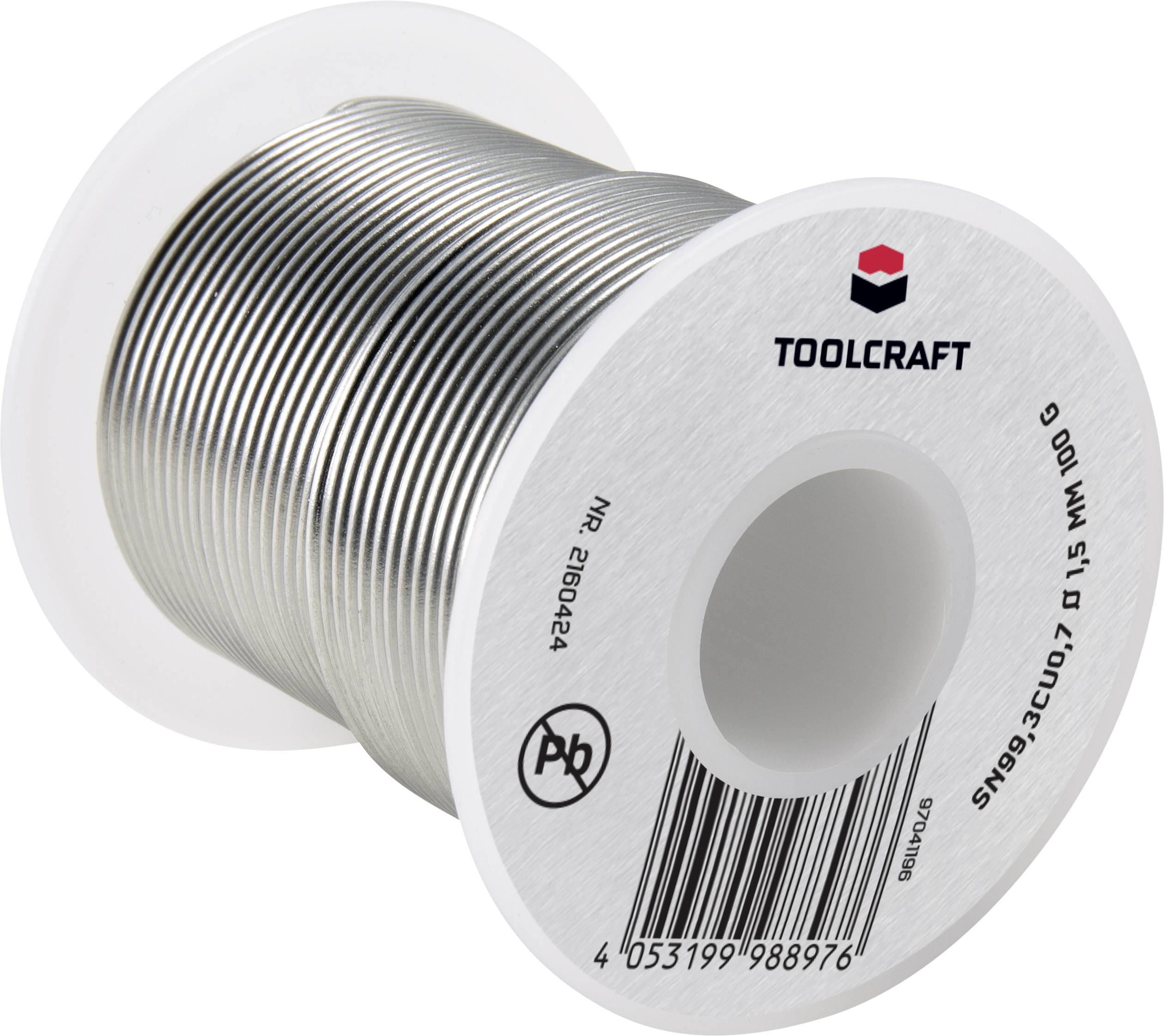 Een rol soldeertin van het merk Toolcraft, herkenbaar aan het logo op het etiket.
