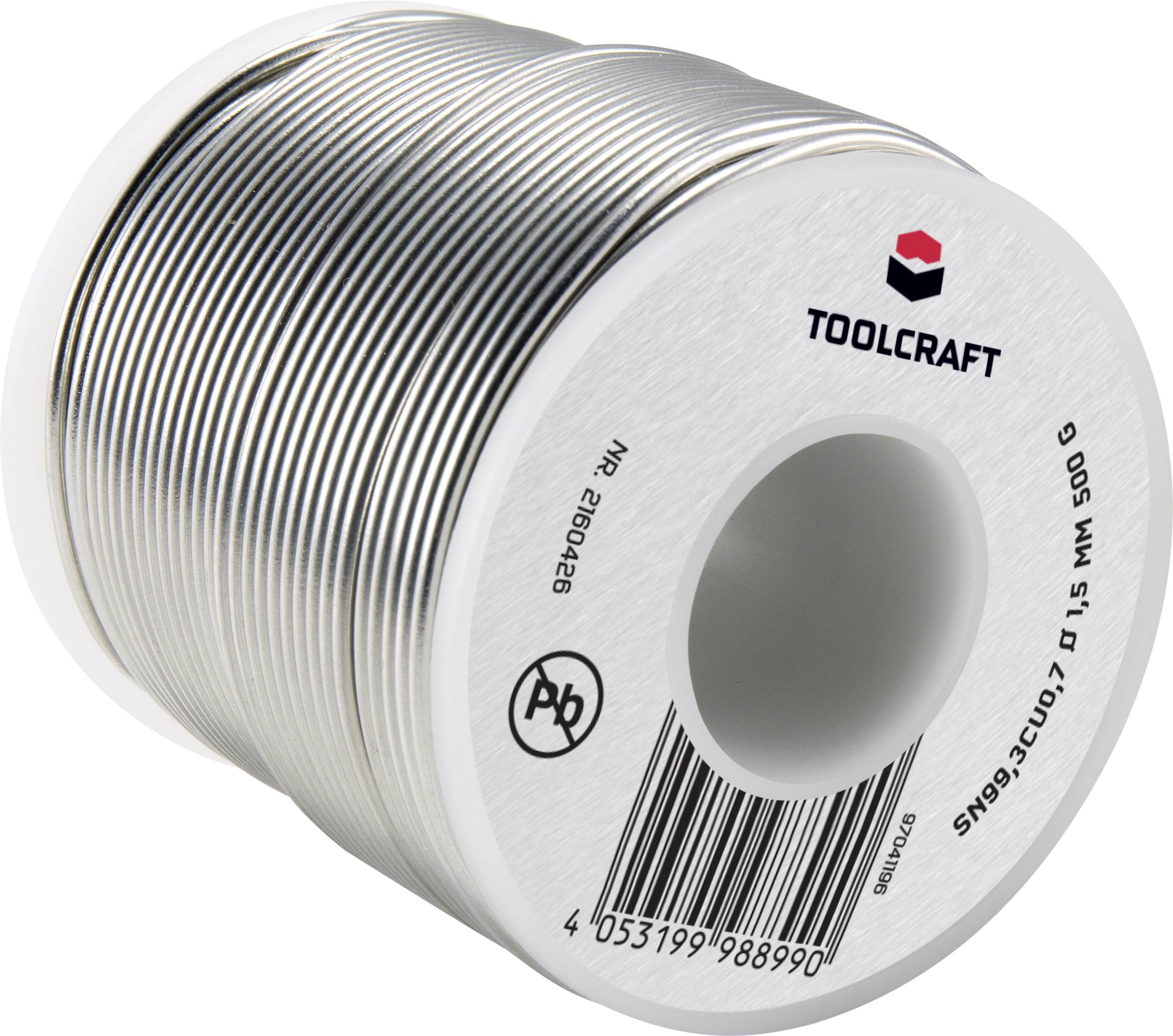 Een rol soldeertin van het merk Toolcraft, met een diameter van 1,5 mm en een gewicht van 500 g, geschikt voor soldeerwerkzaamheden.