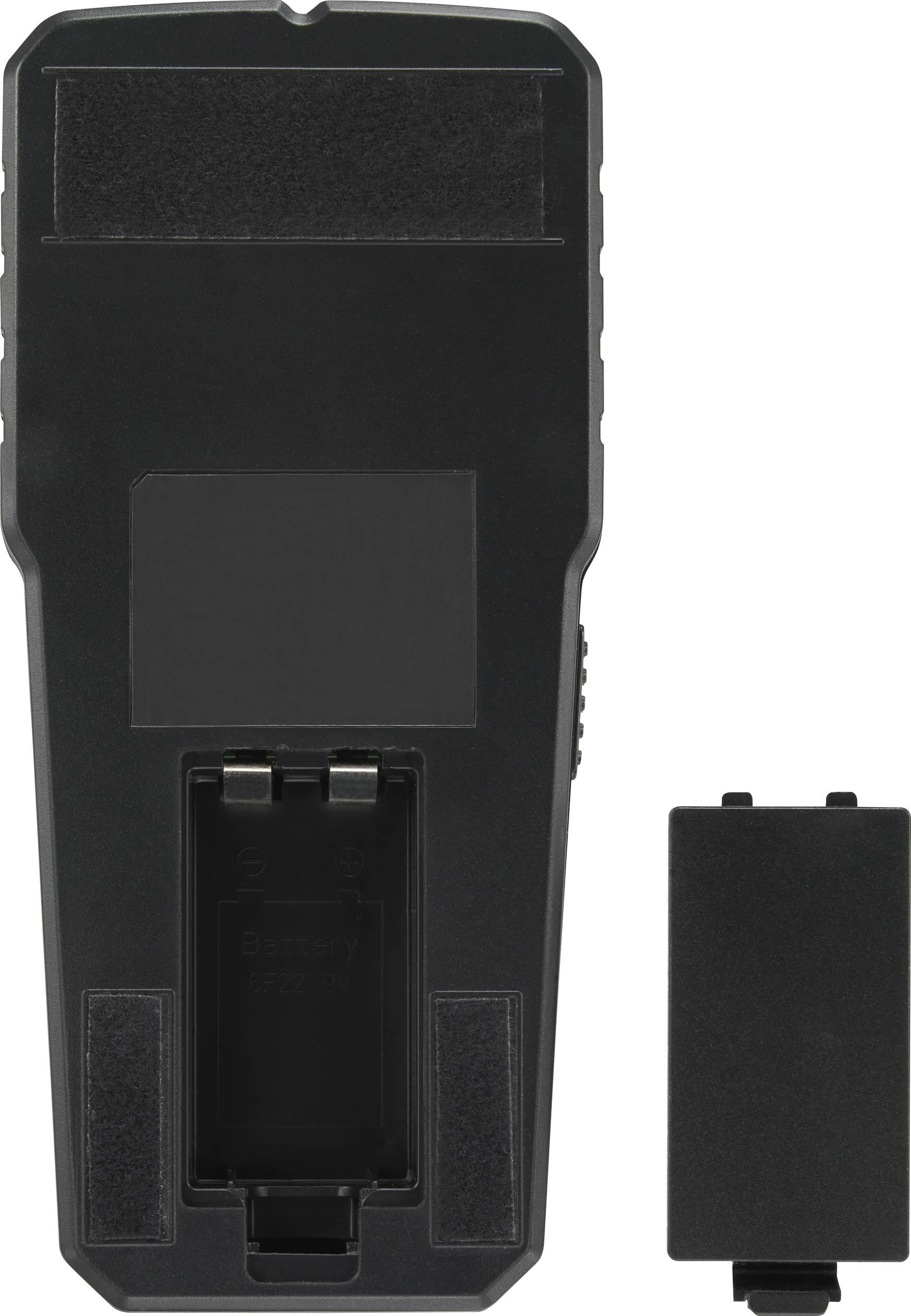 Een zwart elektronisch apparaat met een open batterijvak en een losse batterijdeksel, geen verdere details zichtbaar.