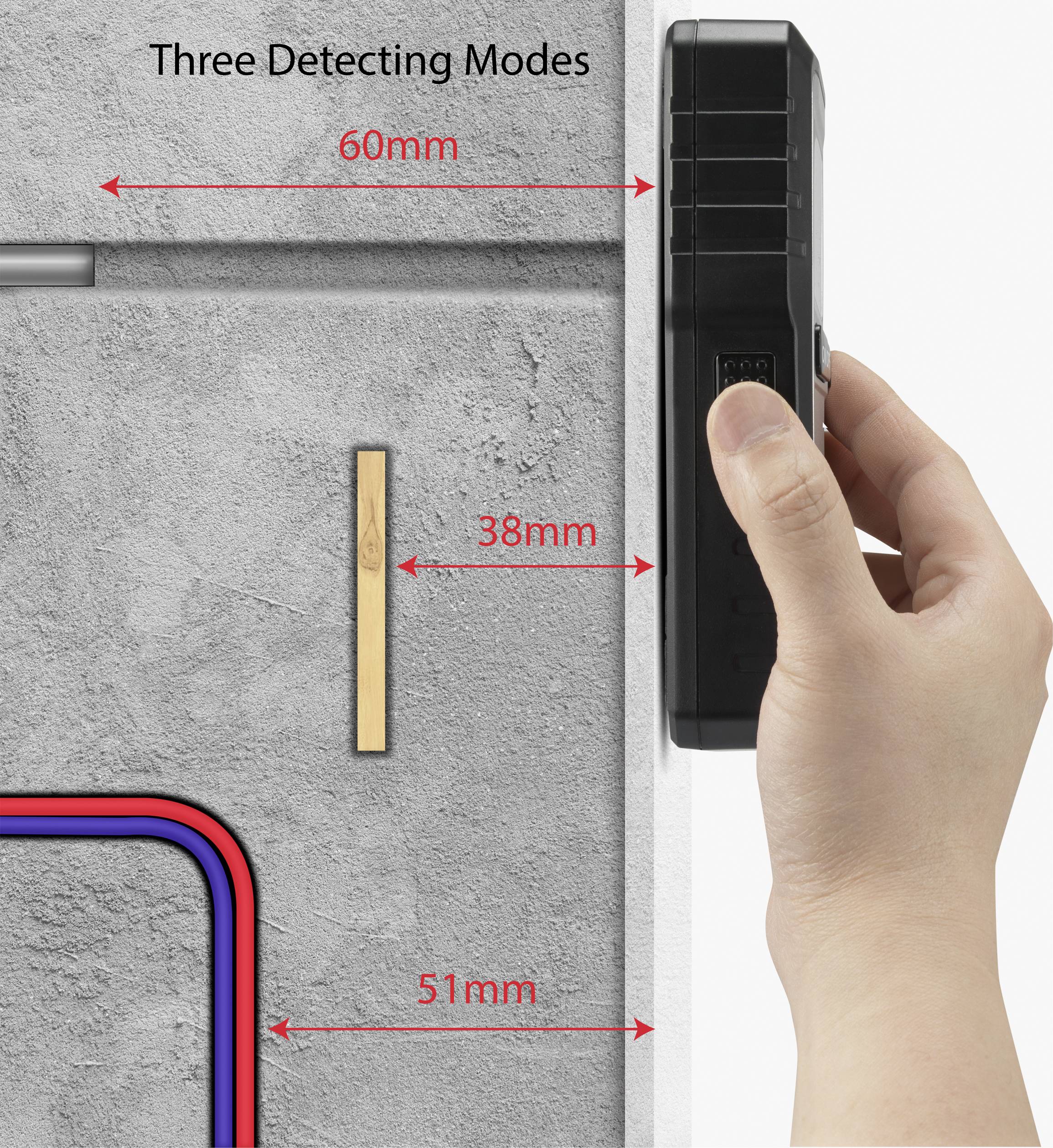 Hand houdt een apparaat tegen een muur. Het toont metingen van 60 mm, 38 mm en 51 mm, met rode pijlen die verschillende niveaus markeren.
