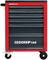 Rode gereedschapswagen met zes lades, zwarte handgrepen en wielen, gemarkeerd met 'GEDORE red'.