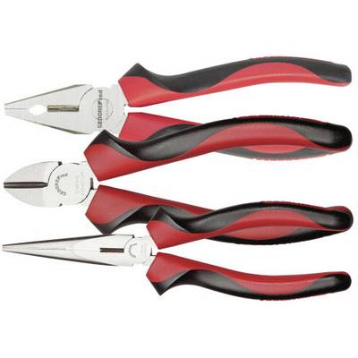 Drie verschillende handgereedschappen met rode en zwarte handgrepen: een combinatietang, een zijkniptang en een punttang.