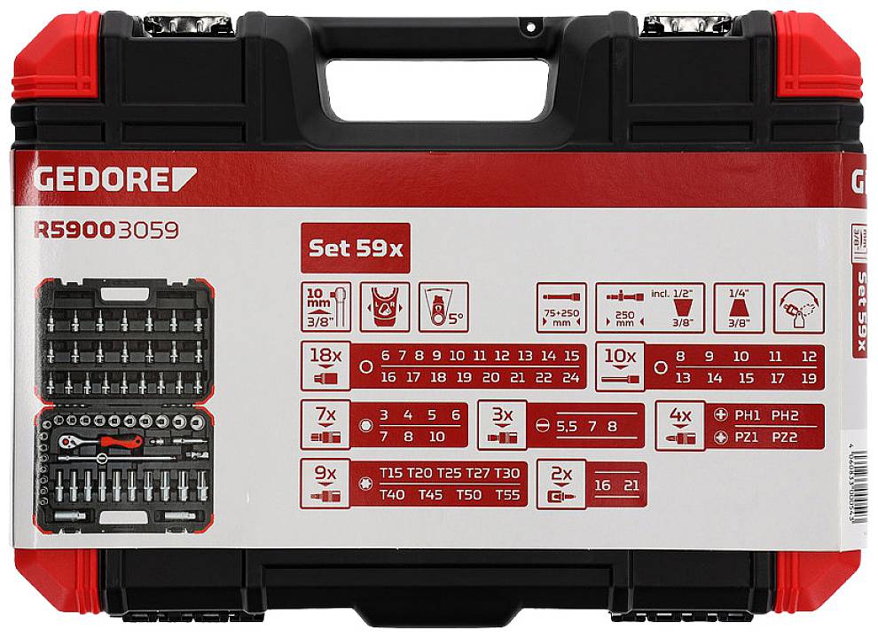 Gereedschapskoffer met 59-delig gereedschapsset van Gedore. Bevat verschillende bits, dopsleutels en schroevendraaierkoppen. Geschikt voor zowel thuisgebruik als professionele toepassingen.