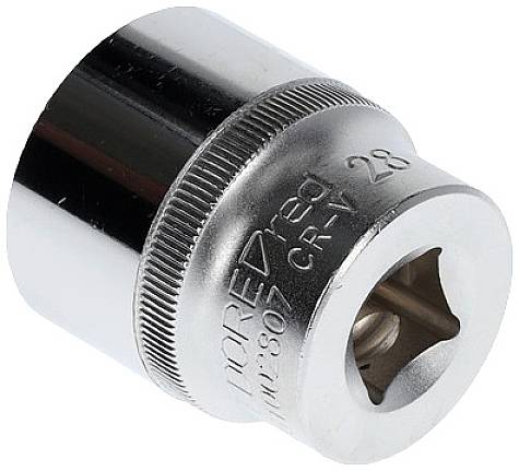 Dopsleutel met metrische maat '28' en opdruk 'CR-V'. Chromen oppervlak voor roestbestendigheid, gebruikt voor schroefverbindingen.