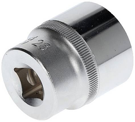 Metalen dopsleutel met zeskante opening en het ingeslagen getal '28' aan de zijkant. Glanzend oppervlak.