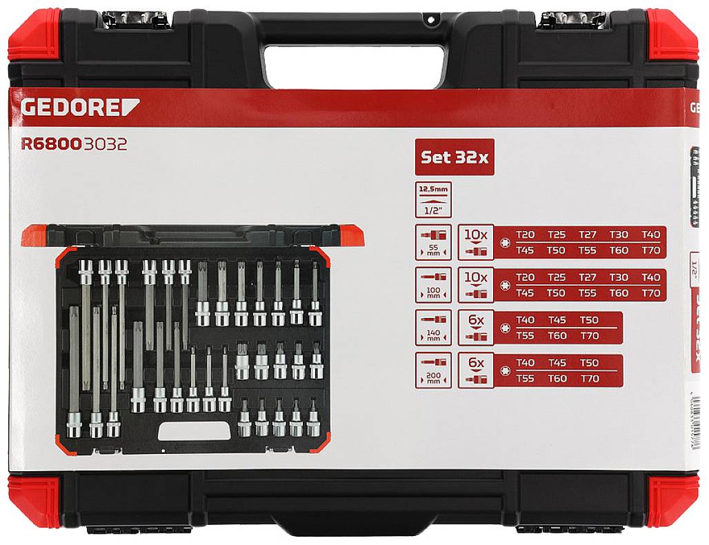 Gereedschapskoffer met 32-delige steeksleutelset, weergave van sleutelgroottes T10 tot T70, fabrikant 'Gedore', afbeelding van de indeling rechts.