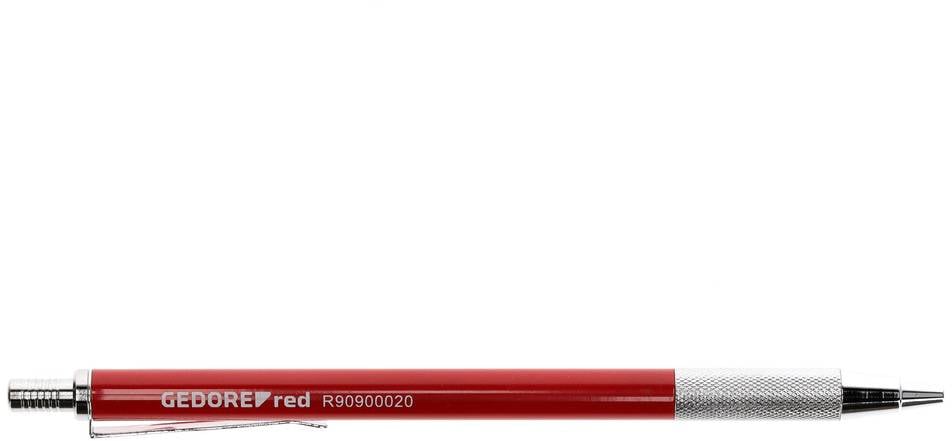 Een rode fijnmetalen pen met metalen punt, aan de zijkant voorzien van de opdruk 'GEDORE red R09090020'.
