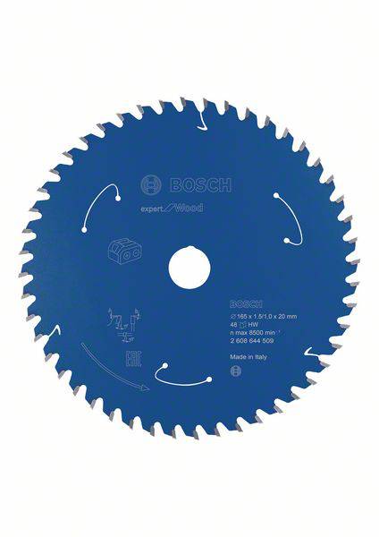 Een blauw zaagblad van BOSCH voor hout, model Expert. Het toont pijlen voor draairichting en bevat technische specificaties.