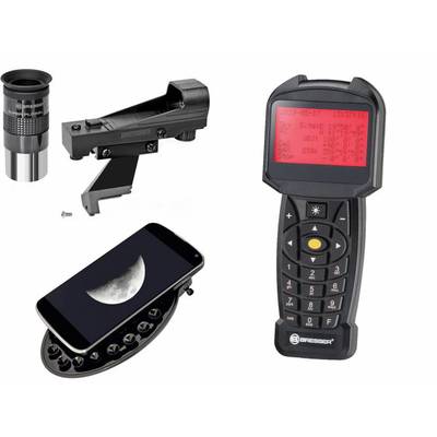 Telescoop-accessoireset met oculair, houder, smartphoneadapter met maanafbeelding en digitaal bedieningsapparaat met rood display.