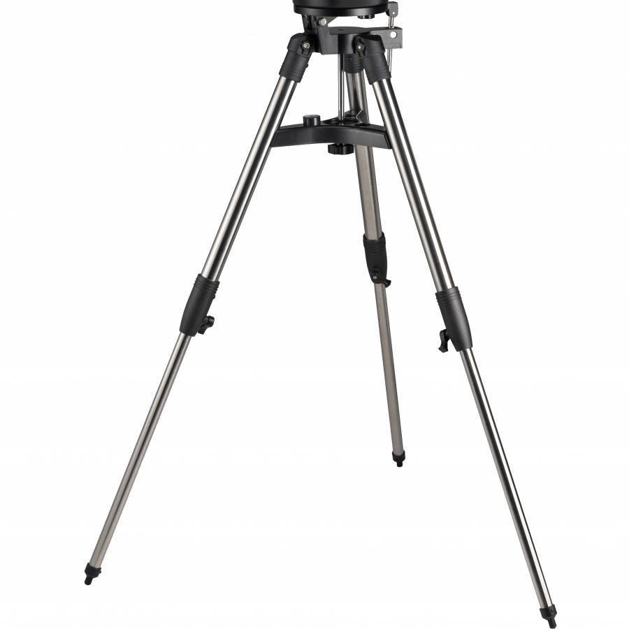 Zilveren camerstatief met drie uittrekbare poten en een zwart bevestigingsmechanisme. Ideaal voor het stabiliseren van camera's.