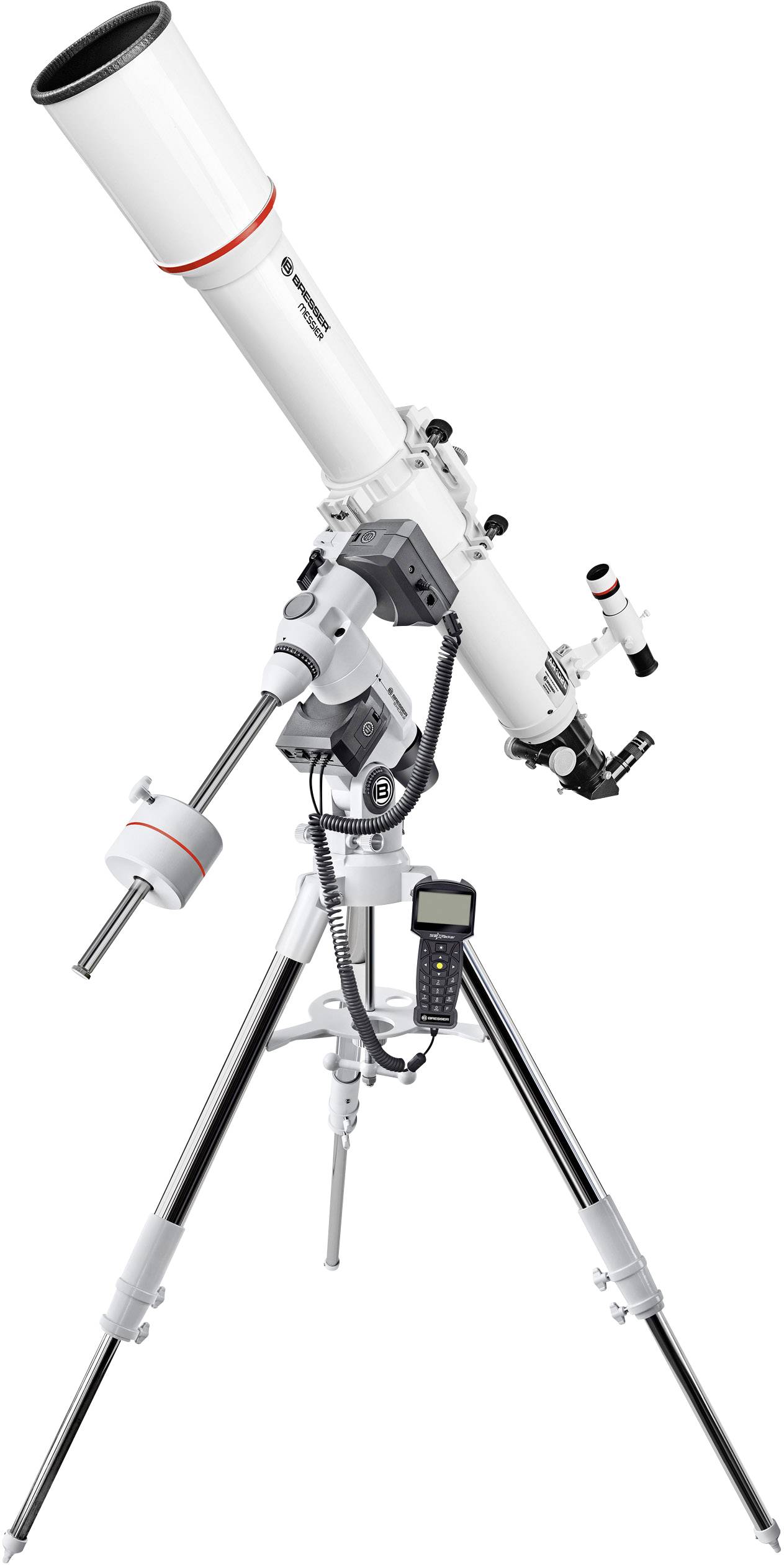 Een wit telescoop op een stabief statief met elektronische besturing; geschikt voor sterrenwaarnemingen en astronomisch onderzoek.