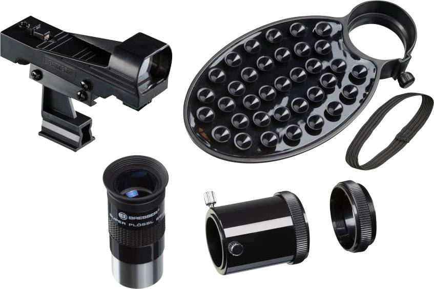 Telescoop-accessoires, bestaande uit een zoeker, oculair, een adapterhuls, een diafragma met lens en een lensdop.
