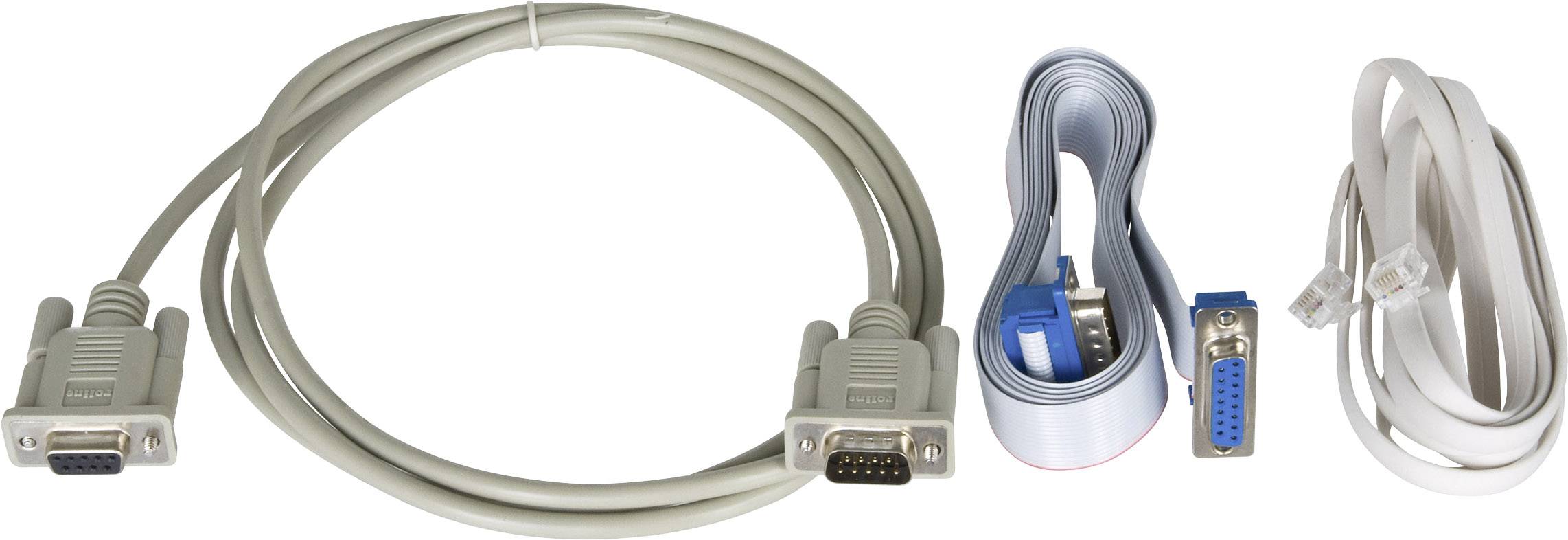 Drie kabels: Links een seriële kabel met negen pinnen, in het midden een platte kabel met blauwe connectoren, rechts een telefoonsnoer.