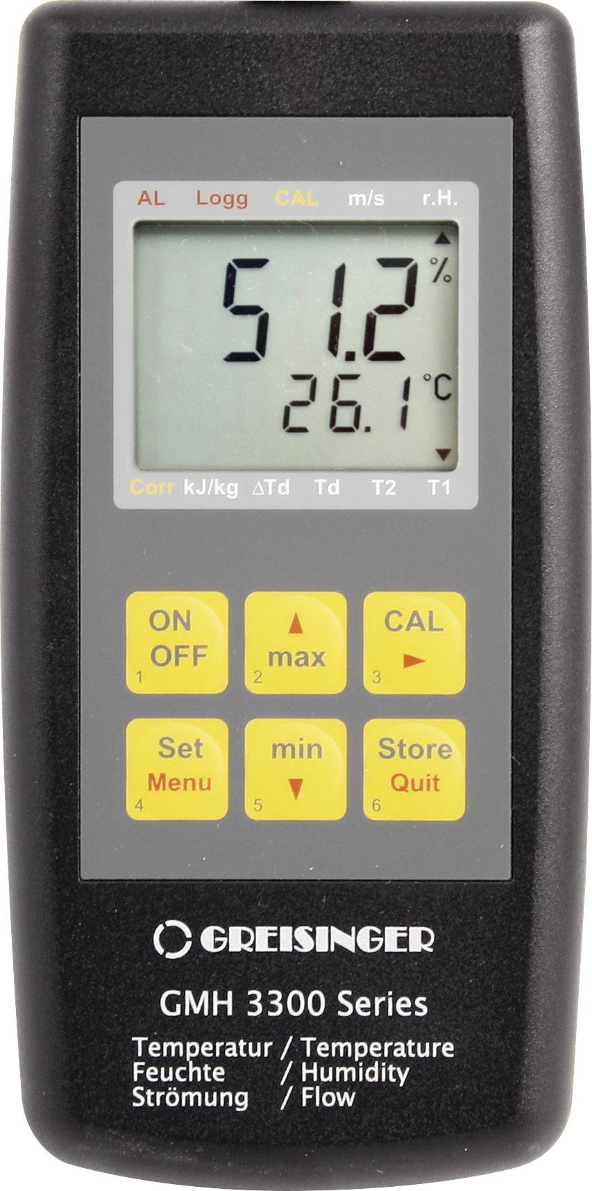 Handmatig meetapparaat voor temperatuur en vochtigheid, display toont 51,2% en 26,1°C. Toetsen: Aan/Uit, Max, Cal, Menu, Opslaan.