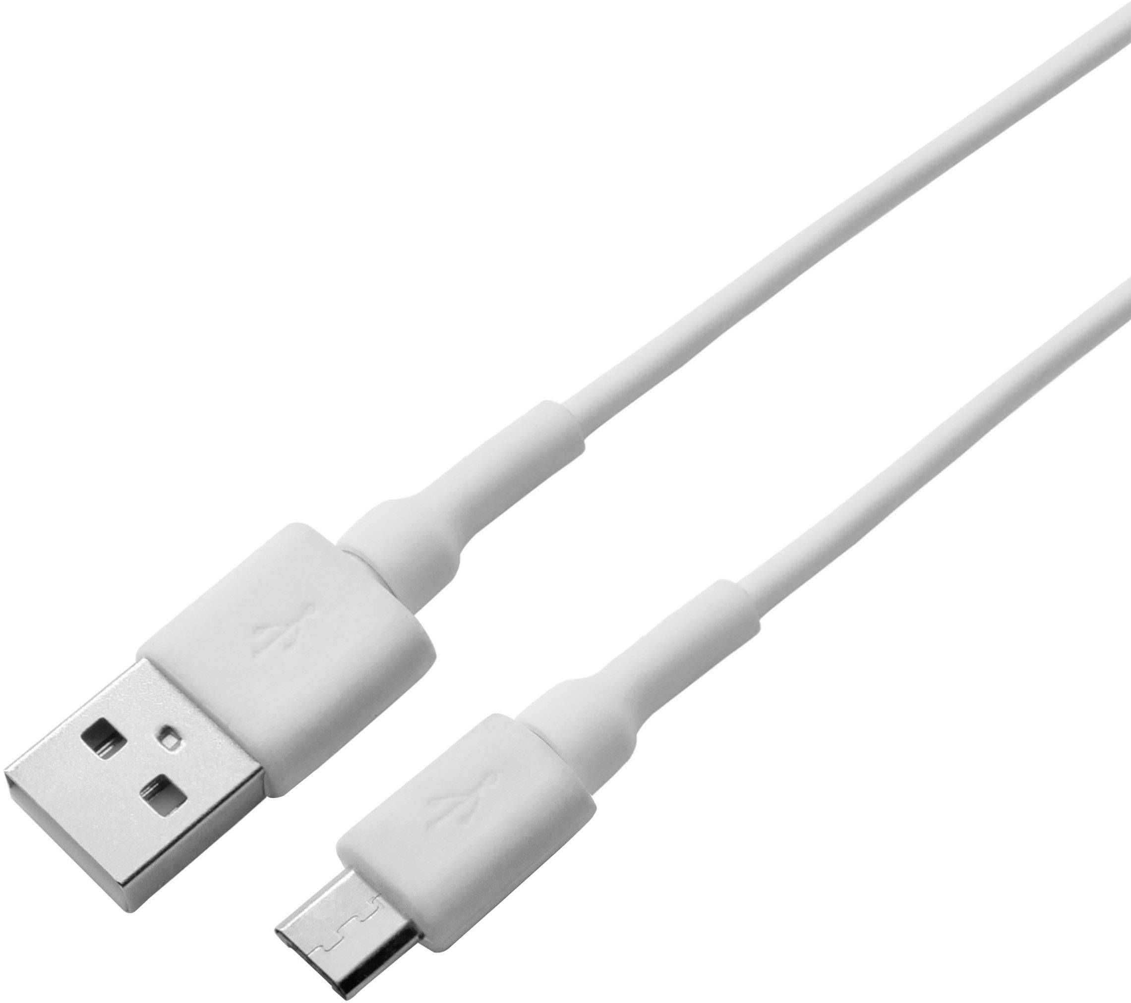 Een wit USB-kabel met een USB-A-stekker aan de ene kant en een Micro-USB-stekker aan de andere kant.