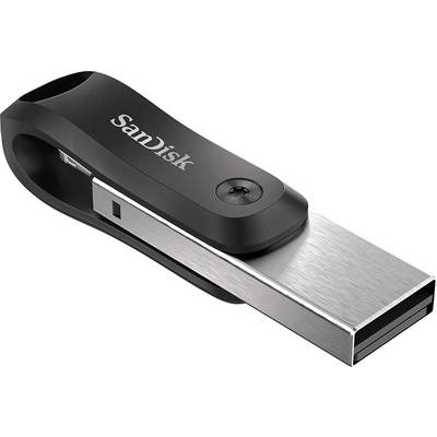 USB-geheugenstick met zwart en zilver design, liggend. Merknaam 'SanDisk' in het wit op de zwarte behuizing.