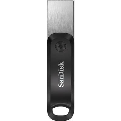 USB-stick van SanDisk, zwarte behuizing met zilveren dop.