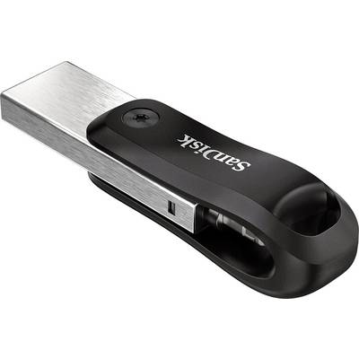 Een zwarte USB-stick met zilveren aansluiting van SanDisk.