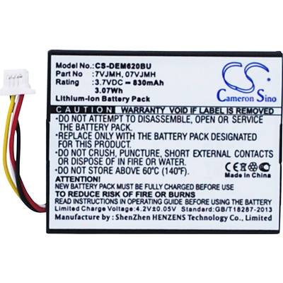 Batterij-etiket met modelnummer 'CS-DEM620BU'. Vermogen: 3,7VDC, 830mAh, 3,07Wh. Waarschuwing: Niet openen, pletten of in vuur gooien.