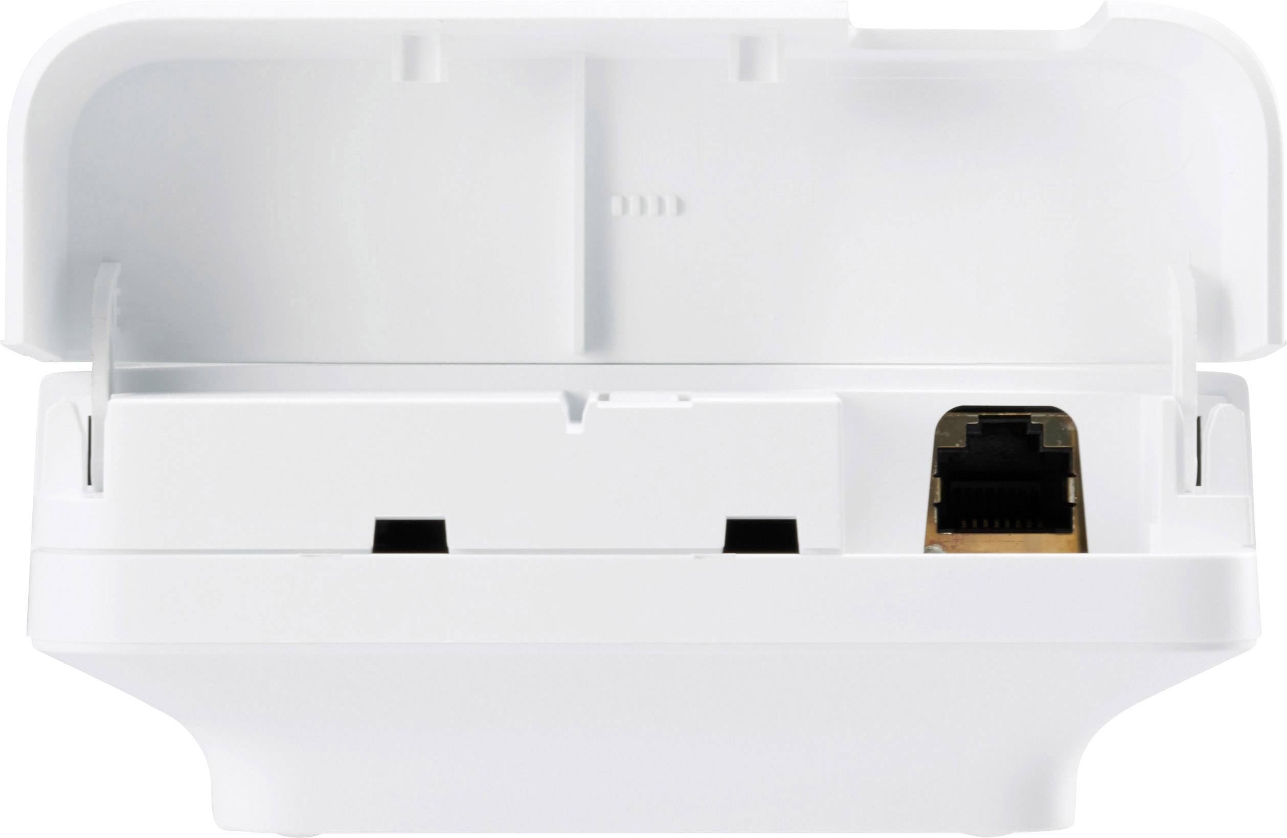 Een wit elektronisch apparaat met twee aansluitingen en een Ethernet-poort, mogelijk voor internetverbinding of gegevensoverdracht.