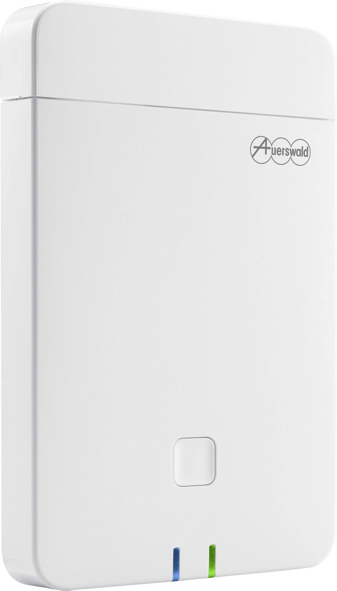 Een wit elektronisch apparaat met een kleine vierkante knop en twee lichtjes onderaan. Rechtsboven is een logo zichtbaar.