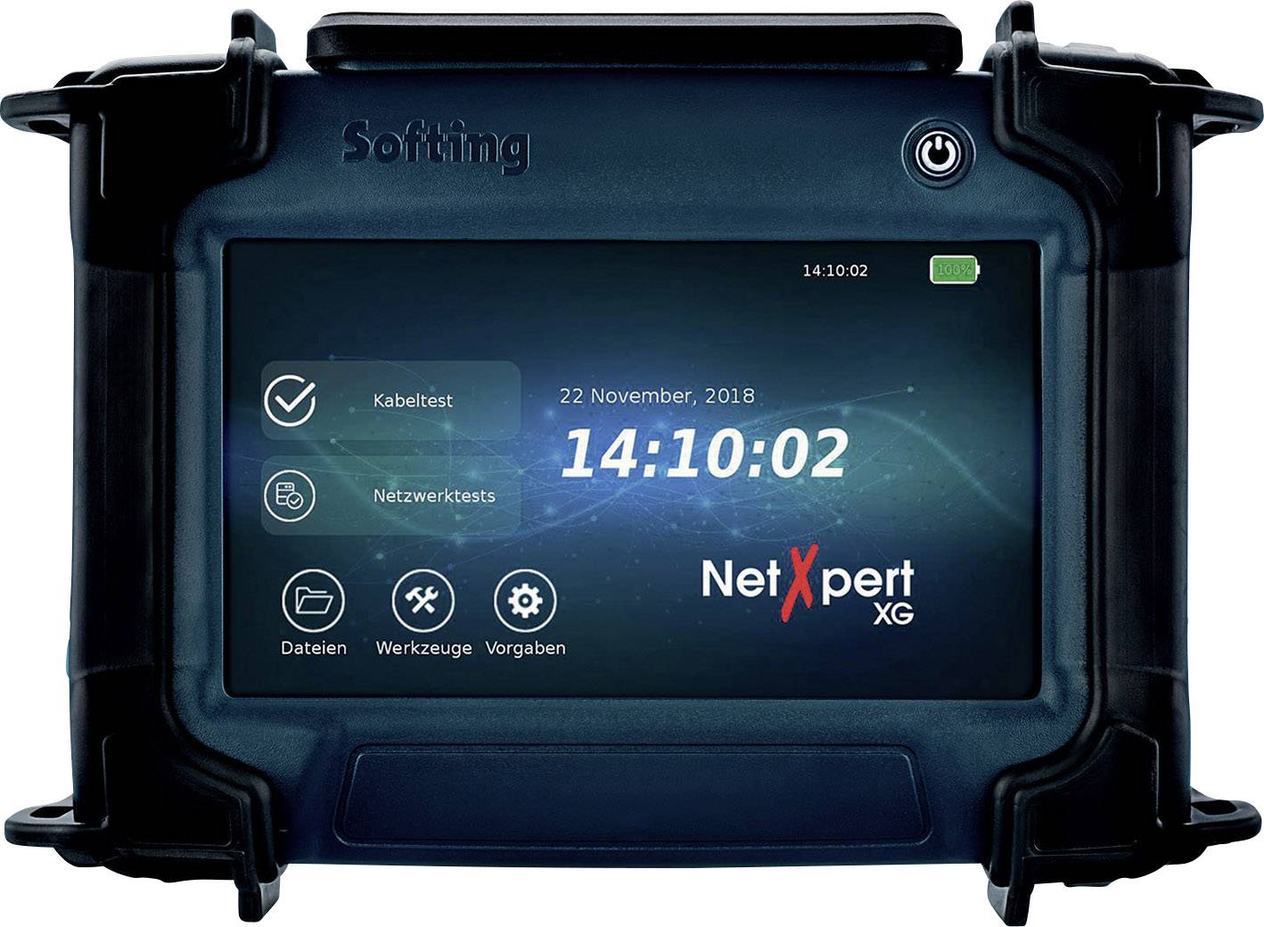 Een draagbaar apparaat voor netwerktesten toont een display met tijdsaanduiding 14:10:02 en menuopties zoals kabeltest en netwerktests.