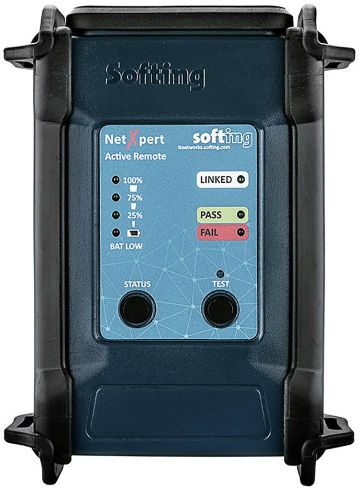 Een NetXpert Active Remote van Softing met statusaanduiding voor 'Linked', 'Pass' en 'Fail'. Percentageschaal geeft batterijniveau aan.