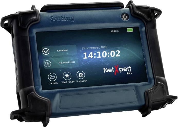 Een draagbare netwerk-testapparatuur toont op het display datum, tijd en verschillende menu-opties zoals 'Kabeltest' en 'Netwerktests'.