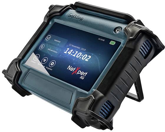 Draagbaar, robuust testapparaat met display toont datum '27 november 2019' en tijd, geschikt voor technische metingen en analyses.