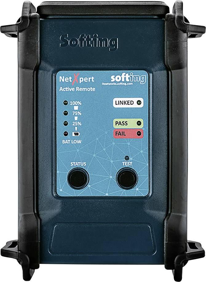 Netwerktestapparaat met merknaam bovenop de behuizing. Toont 'NetXpert Active Remote'. Led-indicatoren voor status en batterij.