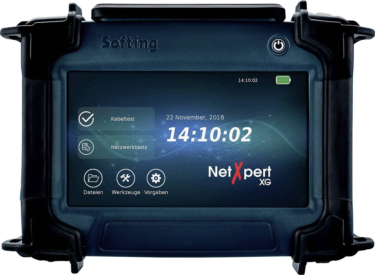 Een NetXpert XG netwerkanalyser van Softing met een scherm dat datum en tijd weergeeft, omringd door verschillende functiesymbolen.