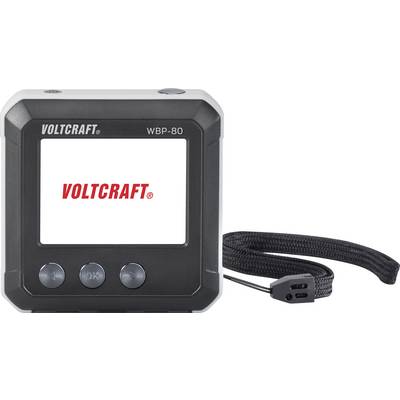 Een digitaal apparaat genaamd 'VOLTCARFT WBP-80' met drie knoppen en een display waarop 'VOLTCARFT' wordt weergegeven. Het heeft een polsband.