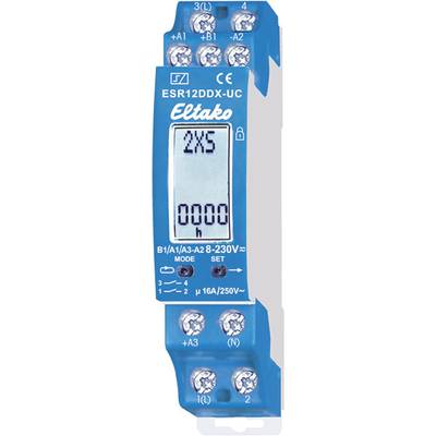 Elektronische traplichtschakelaar 'Eltako ESR12DDX-UC', blauw, met digitaal display voor tijdsinstelling en aansluitingen.