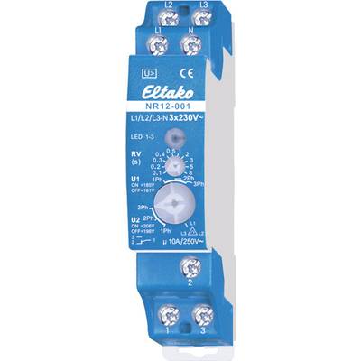 Een blauw elektronisch onderdeel, gemarkeerd met 'Eltako NR12-001', toont aansluitingen en een schakelaar voor 1- en 3-fasige stroomsterktes.
