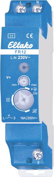 Blauw Eltako FR12 relaismodule met draaiknop voor spanningsaanpassing en LED's voor statusweergave, geschikt voor 230V AC, 16A/250V~.