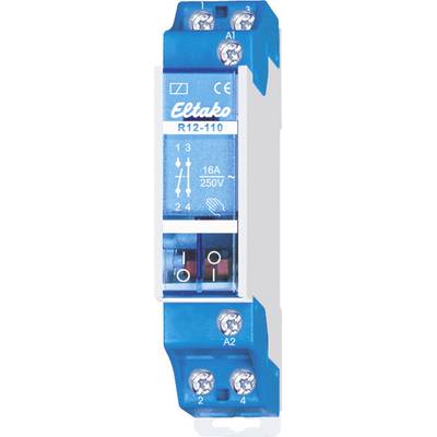 Blauwe relaisschakelaar 'Eltako R12-110', 16A, 250V, met meerdere aansluitklemmen boven en onder voor elektrische verbindingen.