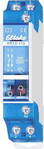 Blauw elektrisch module met opschrift 'Eltako XR12-110', toont elektrische symbolen en specificaties '25A 250V', omringd door aansluitingen.