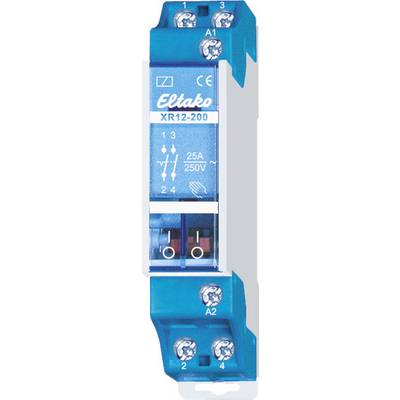 Blauw Eltako XR12-200 installatierelais, 25A, 250V, met schroefaansluitingen en CE-markering, voor het sturen van elektrische belastingen.