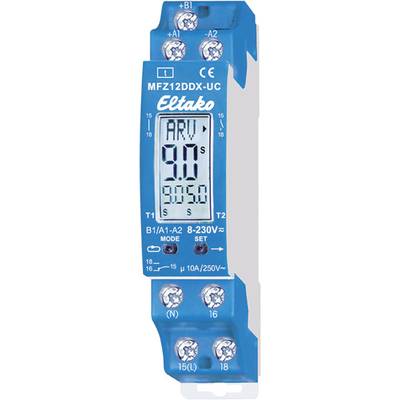 Een digitaal multifunctioneel tijdrelais in blauwe kleur, model 'Eltako MFZ12DDX-UC', met lcd-display en meerdere aansluitingen.