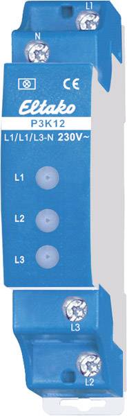 Blauwe stroomschakelaar met de opschrift 'Eltako P3K12 L1/L1/L3-N 230V~'. Drie aansluitingen boven en beneden, gemarkeerd met L1, L2, L3, en N.