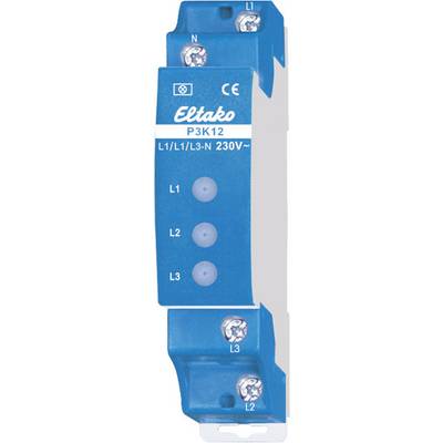 Blauwe stroomschakelaar met de opschrift 'Eltako P3K12 L1/L1/L3-N 230V~'. Drie aansluitingen boven en beneden, gemarkeerd met L1, L2, L3, en N.