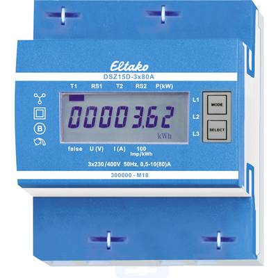 Blauwe elektriciteitsmeter met digitaal display dat '0003.62 kWh' weergeeft. Gemarkeerd met 'Eltako DSZ15D-3x80A'. Uitgebreide toetsen aan de rechterkant.