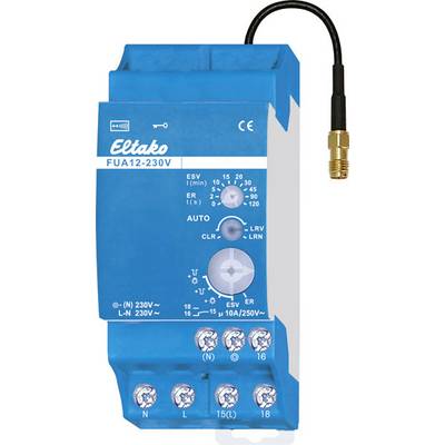 Een blauwe Eltako FUA12-230V radiografische actor met meerdere aansluitingen en een antennekabel. Het bevat instelregelaars en technische details.