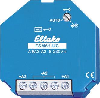 Blauw Eltako FSM61-UC relaismodule met schroefbevestigingen en automatische modusschakelaar, geschikt voor elektrische installaties.