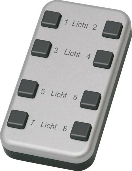 Afstandsbediening met acht zwarte knoppen, genummerd van '1 Licht' tot '8 Licht', voor het bedienen van verlichting.