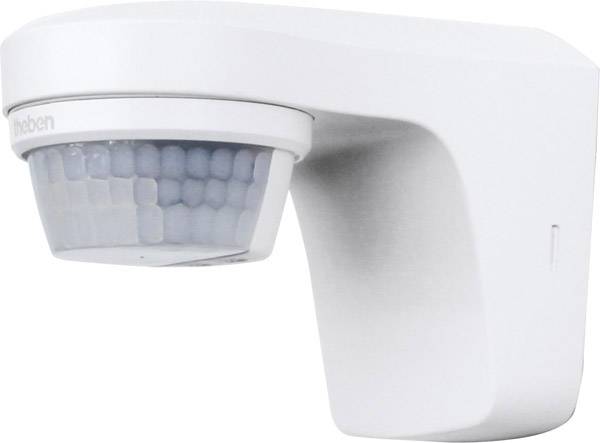 Wandgemonteerde witte bewegingsmelder met afgeronde vormgeving. Voornamelijk gebruikt voor automatische verlichtingsbesturing.