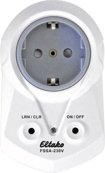 Een witte Eltako FSSA-230V stopcontact met LRN/CLR en ON/OFF toetsen, bestemd voor de afstandsbediening van elektrische apparaten.