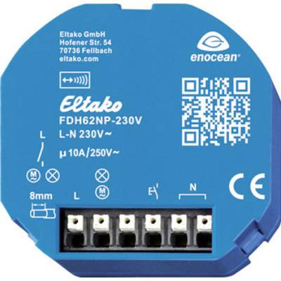 Elektronische actor van Eltako, model FDH62NP-230V, 230V, 10A/250V~. Behuizing toont merklogo, bedrijfsadres en CE-markering.