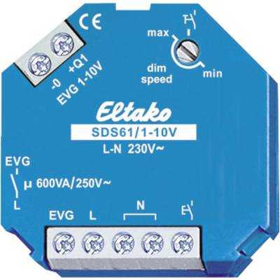 Blauwe dimmer-inzetstuk voor elektronische voorschakelapparatuur van Eltako, model 'SDS61/1-10V', geschikt voor 230V, met aansluitingen.